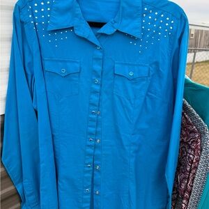 Wrangler Blue Button Down Shirt with Stud Accents